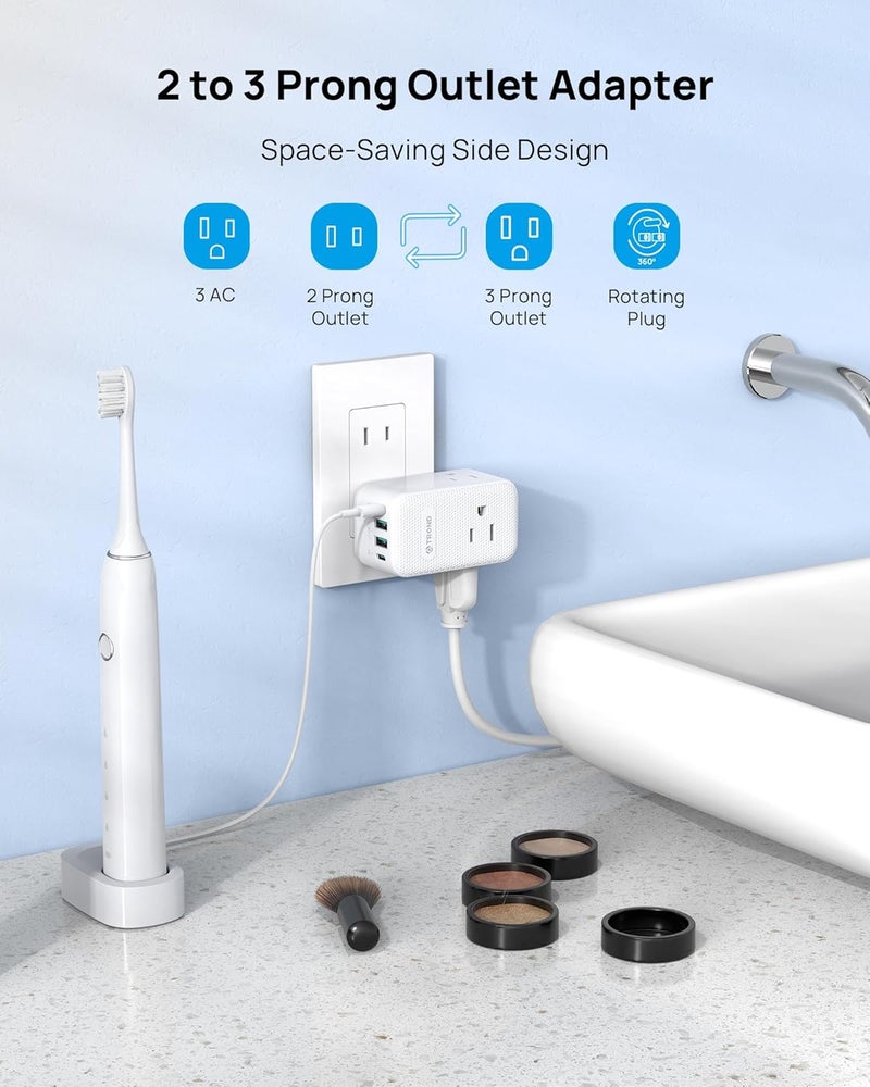 TROND 2 Prong to 3 Prong Outlet Adapter with 360 Rotating Plug, 3 AC Power Splitter with 2 USB C PD20W, Travel Plug Adapter for US to Japan, Wall Outlet Extender for Old House Travel Essentials - Image 2